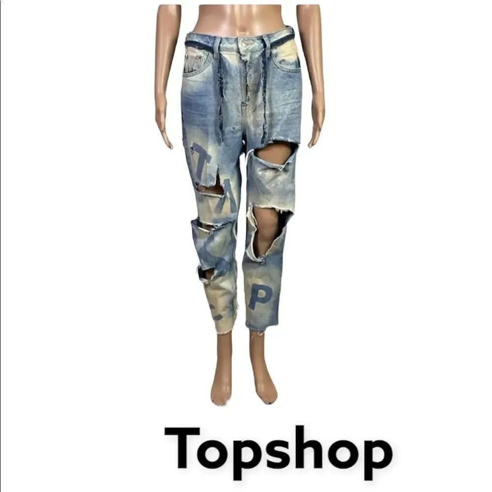 Topshop Moto Destroyed Ripped Acid Blue Belted Mom Jeans 28 x 30